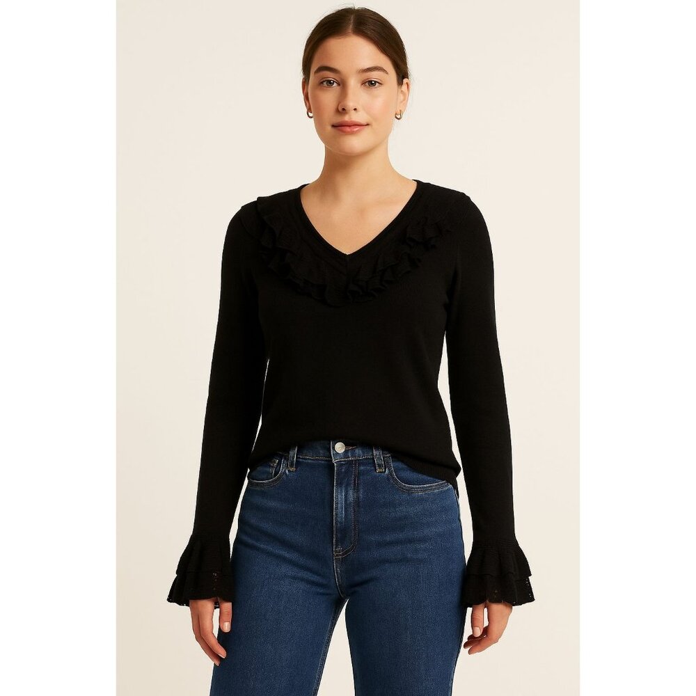 Ralph Lauren Black Label Ruffle Sweater M – Dark Academia Whimsygoth Quiet Luxe